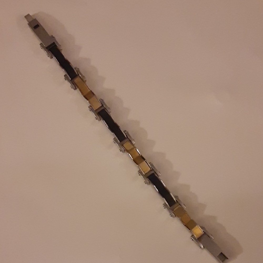 Stainless Steel Silver, Black, and Gold Tone Bracelet